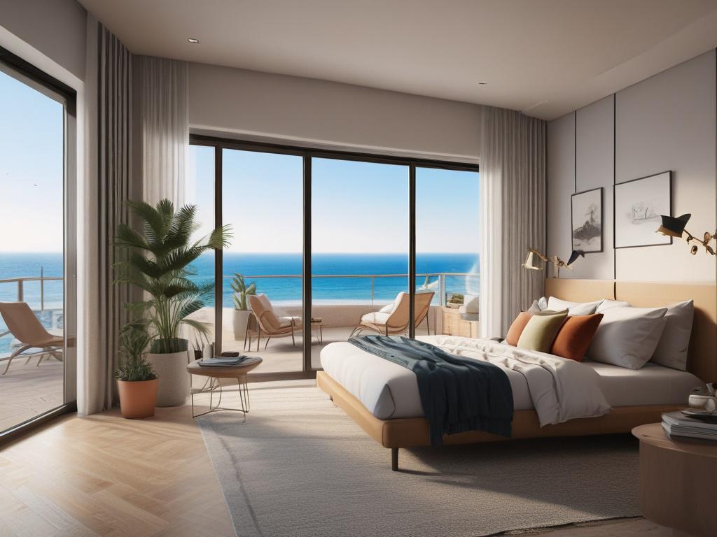 A luxurious apartment with a sea view, showcasing modern interior design, a balcony with ocean scenery, captured in hyper-realistic detail, vibrant colors, and a serene atmosphere.