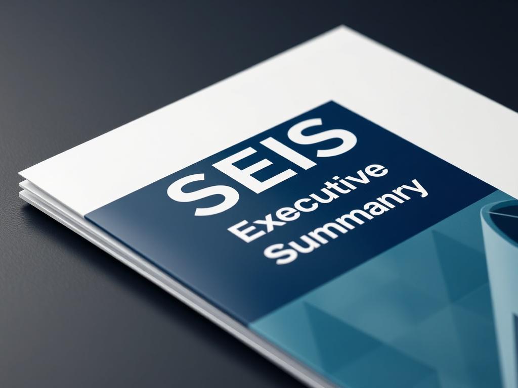 A hyper-realistic close-up shot of a professional business document titled 'SEIS Executive Summary'. The document is neatly presented on a dark blue background with a warm neutral tone, showcasing a clean and modern design. The focus should be on the document itself, capturing its clarity and sophistication, with a subtle reflection to enhance its premium feel.