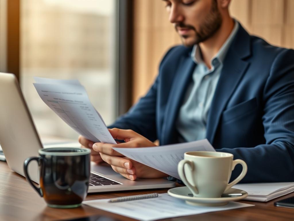 A close-up shot of a business professional reviewing financial documents, with a laptop and a coffee cup on the desk, in a modern office setting. The background features a warm neutral color palette, emphasizing sophistication and calmness.