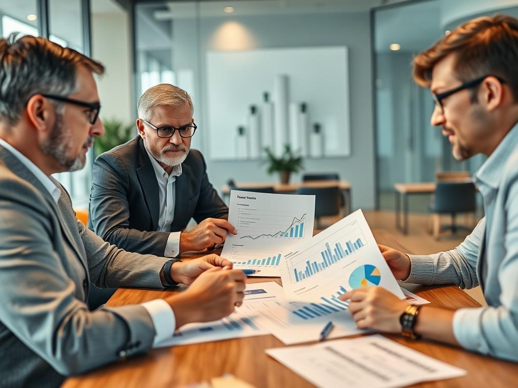 A business team reviewing financial reports and discussing revenue trends