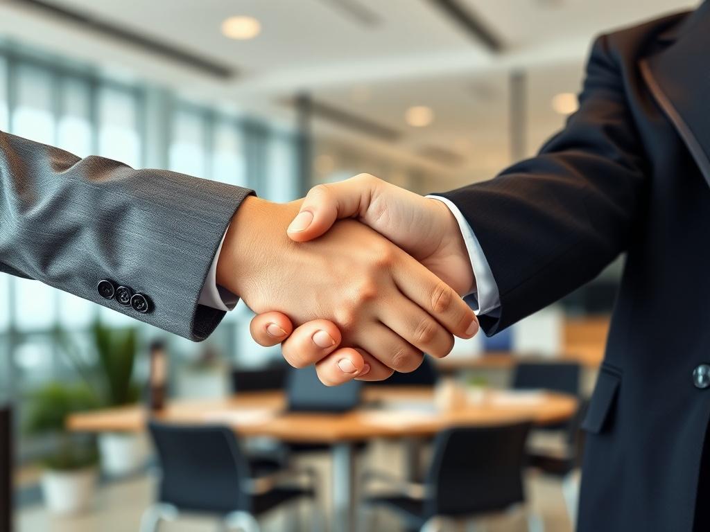 A close up of two business professionals shaking hands, symbolizing
