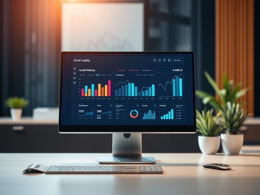 A close-up shot of a sleek, modern office desk with a high-resolution display showing a financial dashboard, reflecting revenue-linked growth capital metrics. The background should be softly blurred, featuring deep navy tones and warm neutral colors, creating a sophisticated and calm environment. The lighting should be bright yet soft, emphasizing clarity and professionalism.