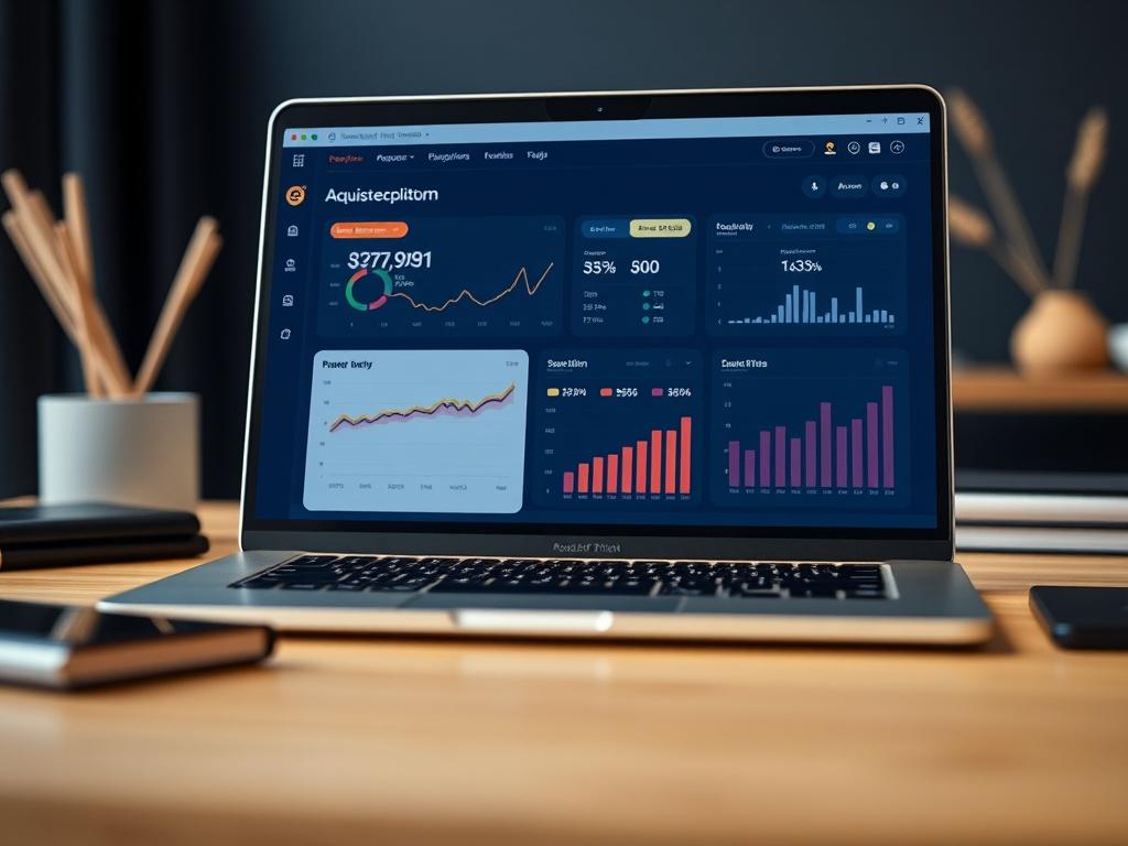 A close-up shot of a modern laptop displaying a user-friendly acquisition platform interface, with graphs and metrics reflecting successful transactions. The workspace should feature deep navy and warm neutral colors, promoting a calm and professional vibe. The background should be softly blurred to keep the focus on the laptop screen.