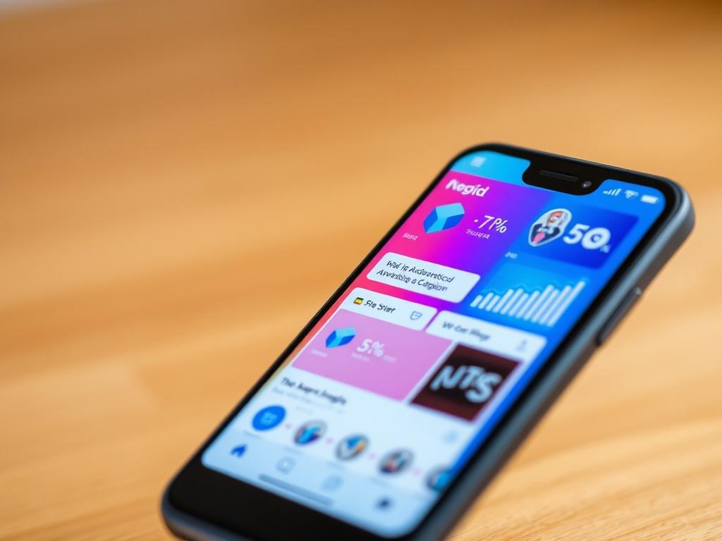 A close-up shot of a modern smartphone displaying a vibrant social media advertising campaign on its screen. The phone is set against a warm, neutral background, showcasing various social media icons and analytics graphs. The focus is on the phone, with a slight blur on the background to emphasize the subject. The image captures a sense of technology and marketing synergy.