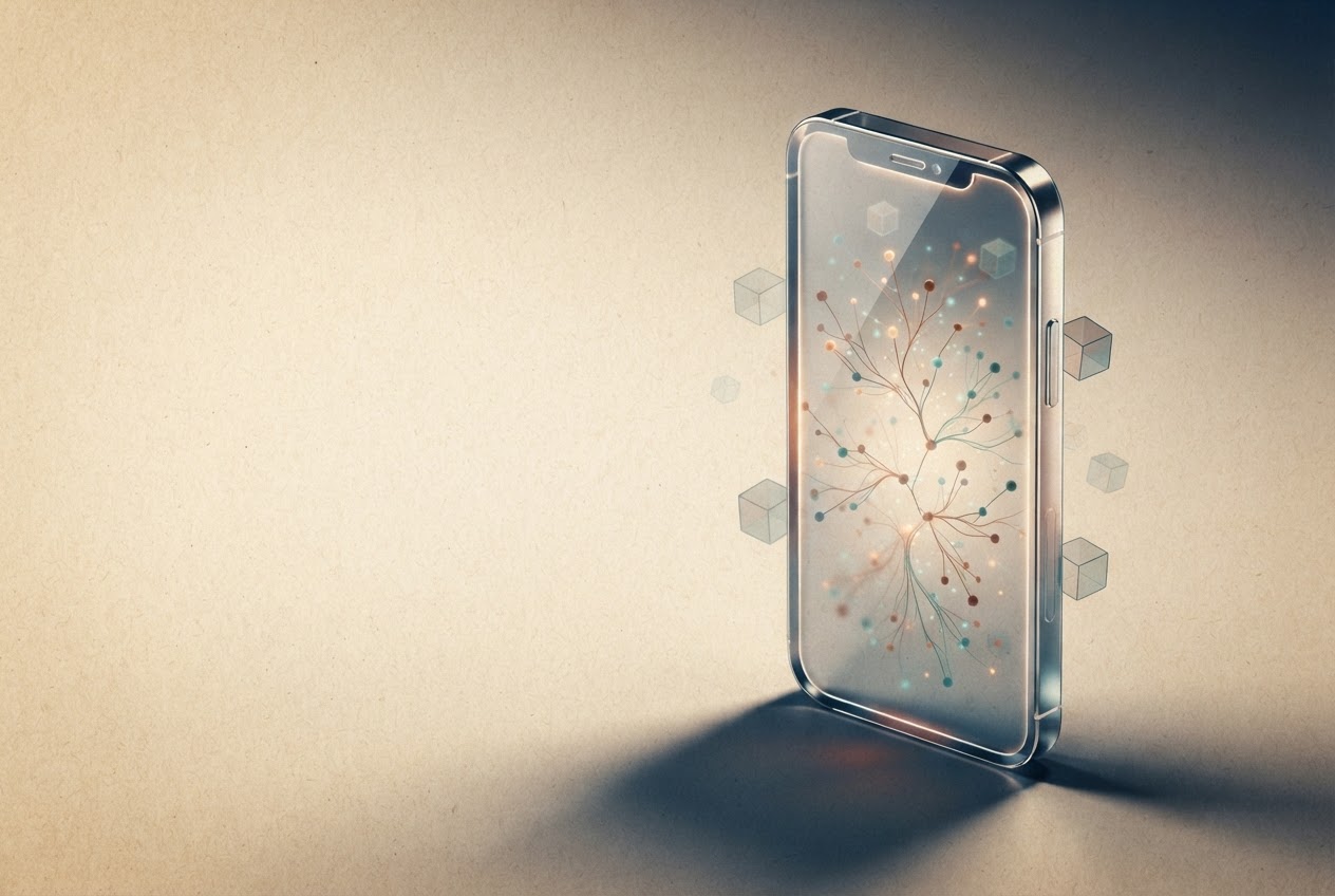An abstract glass smartphone with a softly glowing blockchain network inside