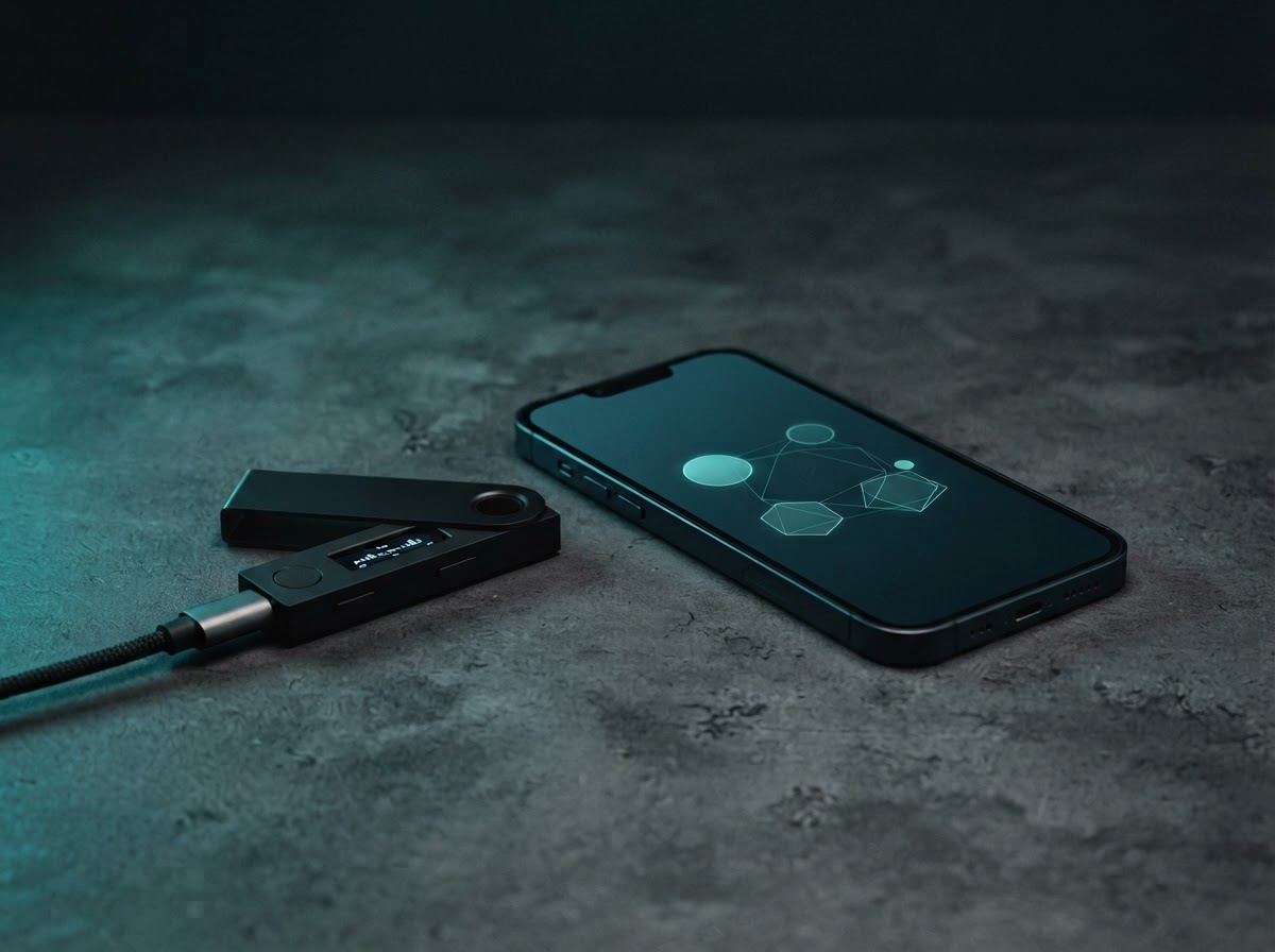 Trezor hardware wallet beside a smartphone with a digital asset app