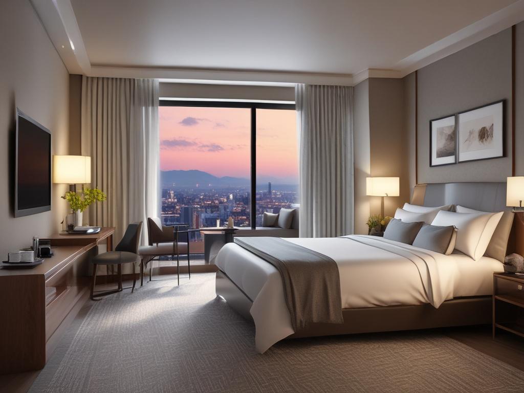 A serene hotel room setting, beautifully decorated with soft lighting,