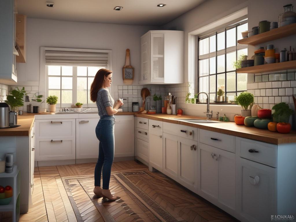 A beautiful woman in a cozy, inviting kitchen, wearing a