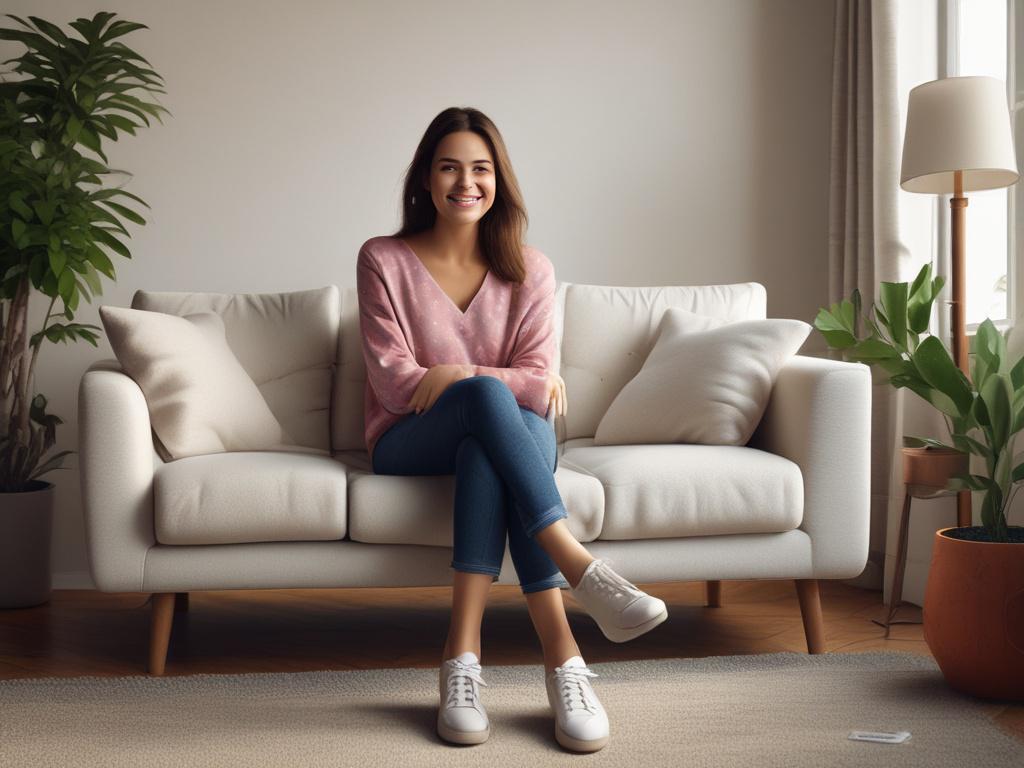 A stunning young woman in casual yet stylish attire, sitting