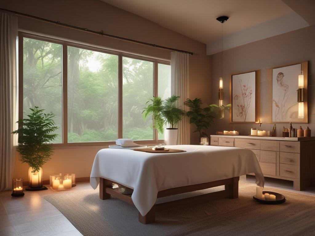 A serene spa setting with a beautiful, professional masseuse preparing