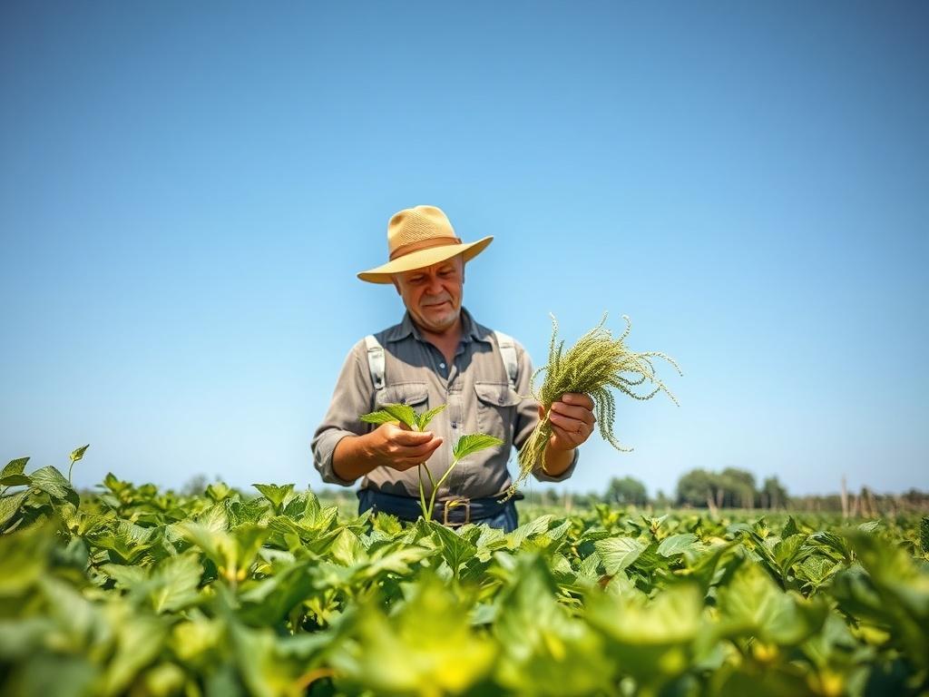 A farmer in a lush green field, examining eco friendly