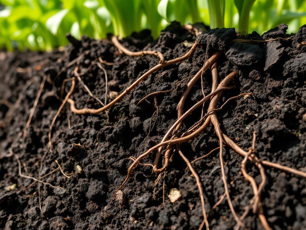 A close up of healthy, dark soil, with roots visibly