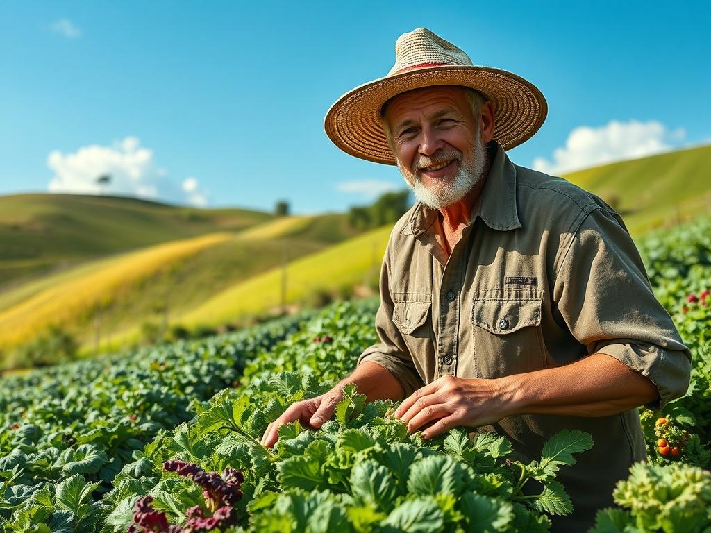 **Prompt for AI Image Generator:**
Create a realistic high-resolution photo that embodies the essence of sustainable farming practices. The main subject should be a farmer, a middle-aged individual with a warm smile, tending to a lush green crop of vegetables in a vibrant field. The farmer should be wearing practical, earth-toned clothing, including a wide-brimmed straw hat, to signify a connection to nature. 
The background should feature rolling hills with a rich variety of crops, such as leafy greens a