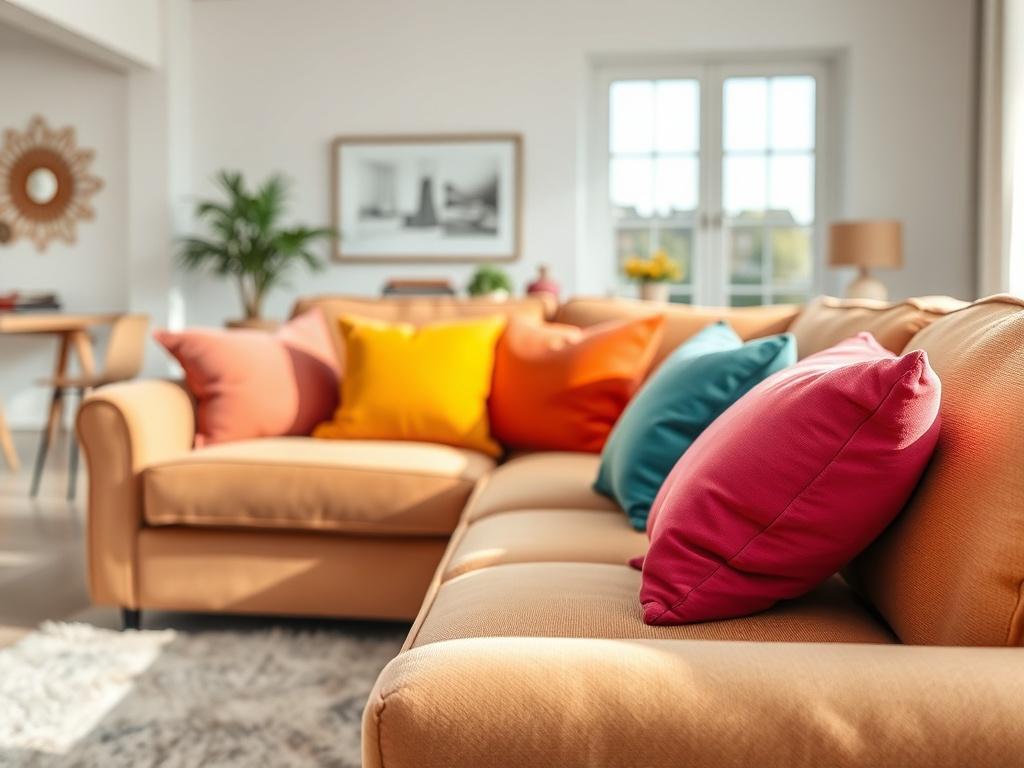 A hyper-realistic close-up shot of a plush, freshly cleaned sofa with vibrant cushions in a well-lit living room. The background should feature a tidy space with a soft rug and a large window allowing natural light to illuminate the scene. The focus should be on the texture of the sofa fabric, highlighting its cleanliness and comfort, shot with a 45mm f/1.2 lens.
