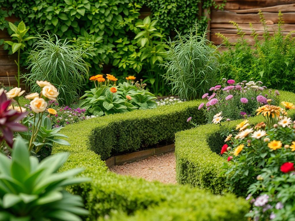 A beautifully maintained garden with lush green plants and flowers, showcasing a variety of plants, neatly trimmed hedges, and a serene atmosphere. The composition should focus on vibrant colors and natural textures, with a rustic aesthetic background.
