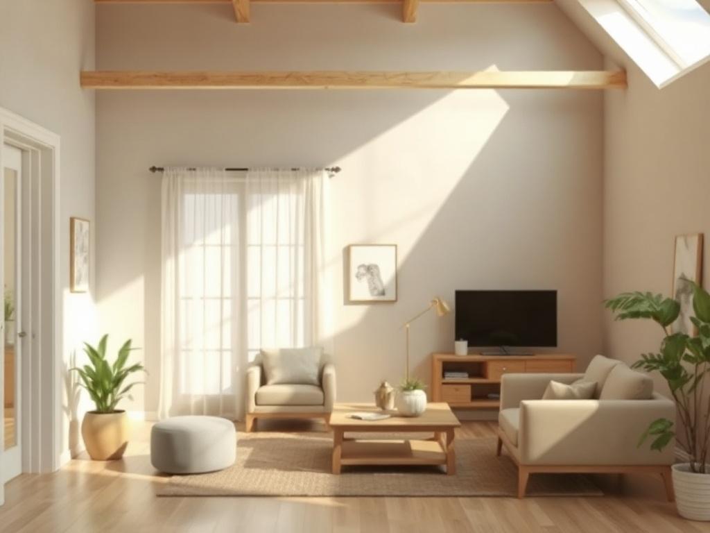 A clean and tidy living room with natural light streaming in, highlighting polished surfaces and organized furniture. The atmosphere should feel fresh and welcoming, featuring earthy tones and a rustic aesthetic.