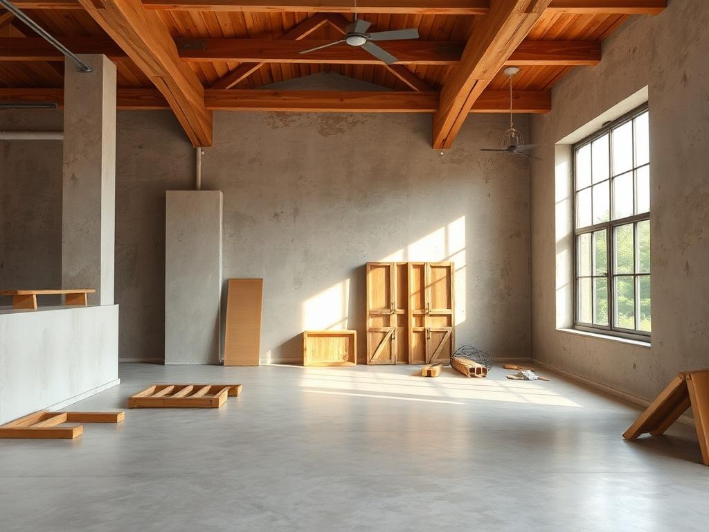 A recently renovated space, free of construction debris, showcasing a clean and polished interior. The scene should capture the essence of a freshly cleaned area, with a focus on light and clarity, reflecting a rustic aesthetic.