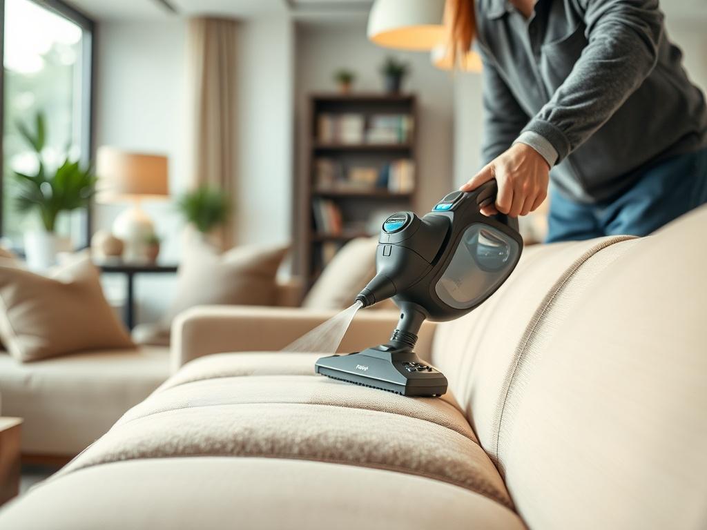 A close-up shot of a professional cleaner using a steam cleaner on a sofa, showcasing the cleaning of fabric upholstery. The background is softly blurred to emphasize the cleaner and the fabric being treated. The lighting is bright and inviting, highlighting the cleanliness and freshness of the fabric. The setting is a modern living room with stylish decor, creating a warm and welcoming atmosphere.