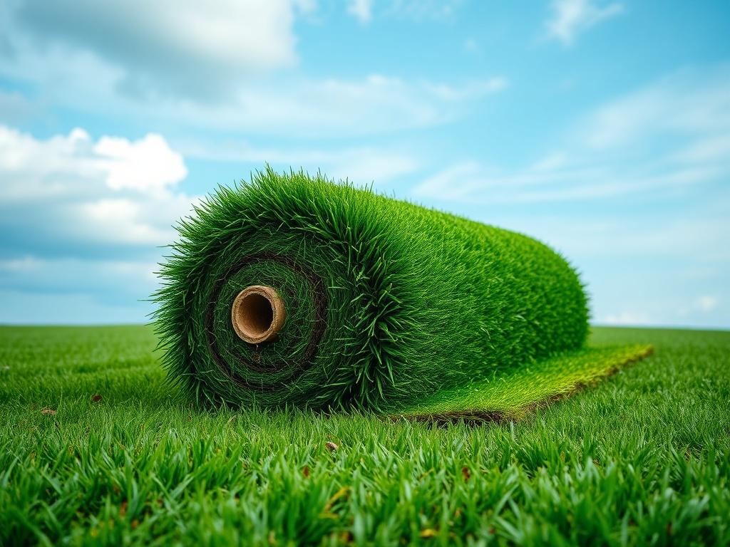 A realistic high-resolution photo of a freshly installed roll of sod on a lush green lawn, showcasing the vibrant green color and texture of the grass. The background features a clear blue sky and soft gray clouds, creating a peaceful and inviting outdoor environment. The composition is simple, focusing solely on the sod installation without any distractions.