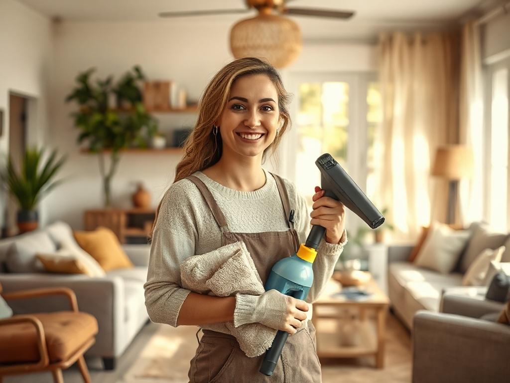 A realistic high-resolution photo of a smiling female cleaner in a cozy living room, surrounded by natural light. The cleaner is holding cleaning supplies, with a vacuum cleaner and neatly arranged furniture in the background. The atmosphere is warm and inviting, showcasing a clean and tidy space. The color palette is earthy and natural, harmonizing with the primary color #CFB07C.