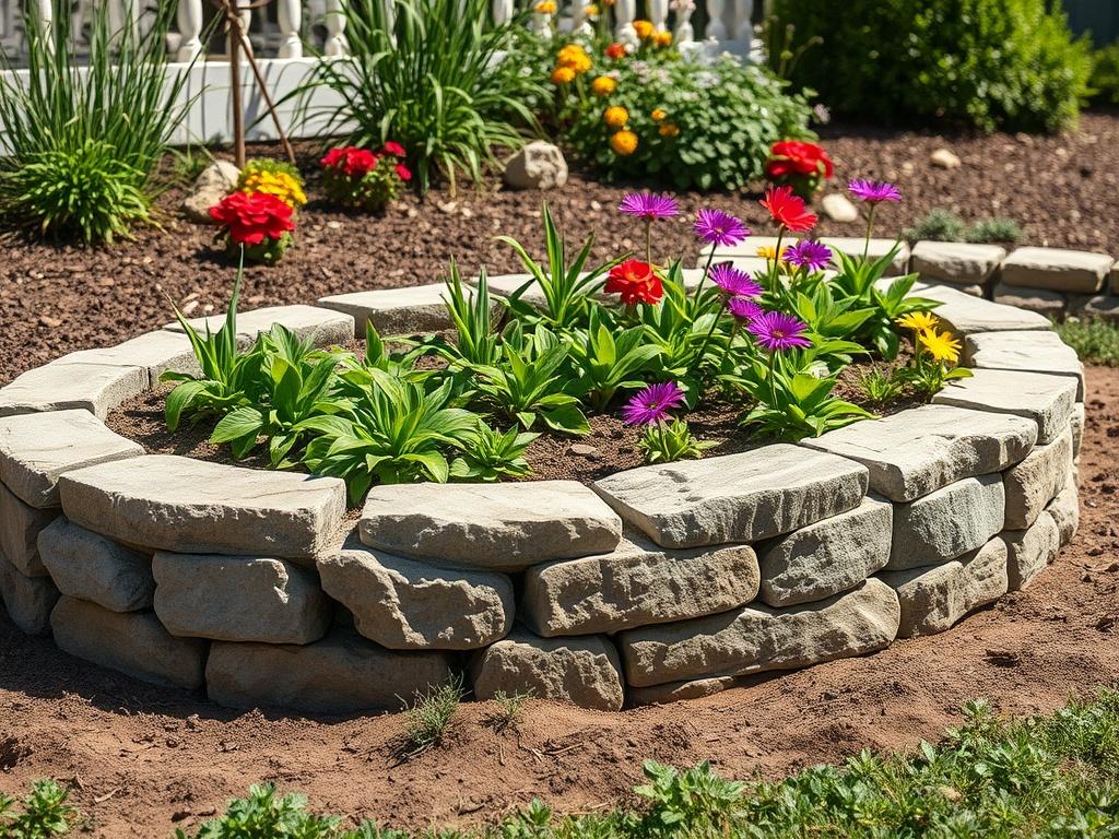 A serene garden setting showcasing a beautifully installed stone border, outlining a flower bed. The image focuses on the intricate details of the stonework, with lush green plants and colorful flowers in the background. The lighting is natural, highlighting the texture of the stones and the vibrant colors of the plants. The composition is clear and simple, centered on the stone border, conveying a sense of harmony and elegance.
