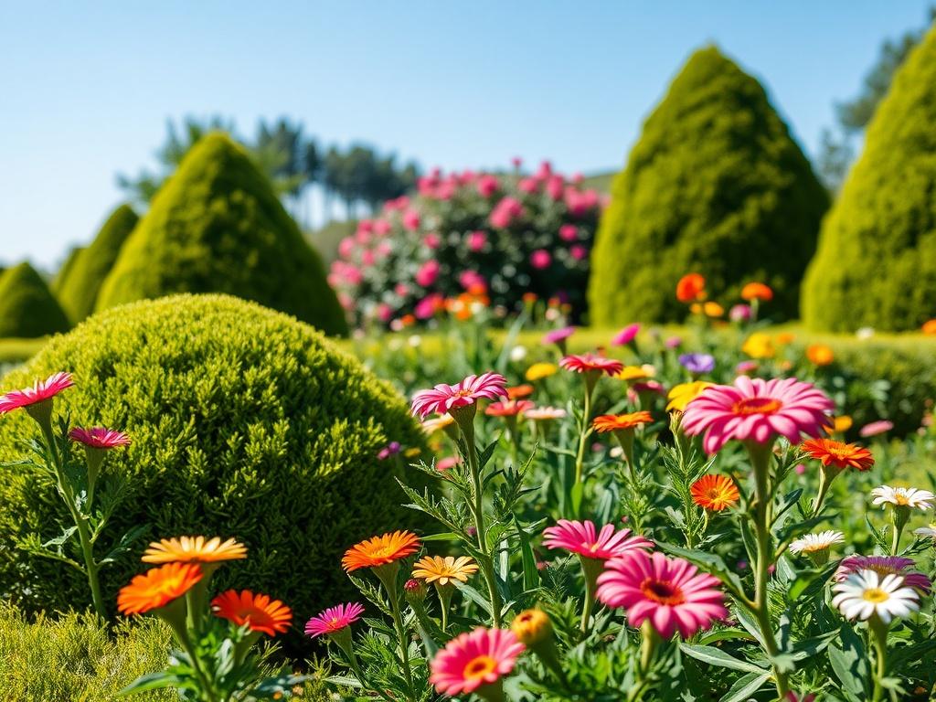 A realistic high-resolution photo of a well-maintained garden with vibrant flowers and neatly trimmed bushes, captured in a close-up shot using a 45mm f/1.2 lens. The image should showcase a variety of plants in bloom, with a clear blue sky in the background, emphasizing the lush greenery and colorful blossoms.
