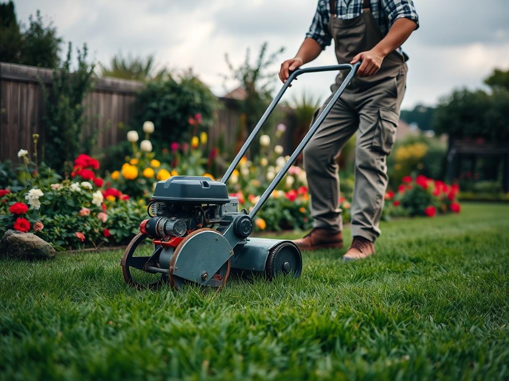 A realistic high-resolution photo of a professional gardener performing lawn scarification. The gardener is using a scarifier machine on a lush green lawn, with the focus on the machine's blades cutting into the grass. The background features a well-maintained garden with vibrant flowers and soft gray tones in the sky, reflecting a cool-toned environment. The gardener is wearing appropriate work attire, demonstrating expertise and care in the task.
