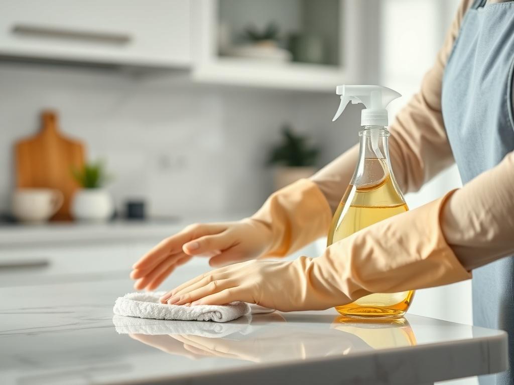 A hyper-realistic close-up shot of a professional cleaner using eco-friendly products to clean a kitchen counter. The image should focus on the cleaner's hands applying a natural cleaning solution on the counter, with a blurred background showcasing a tidy kitchen. The lighting should be bright and inviting, emphasizing cleanliness and freshness, while the color theme should align with rgb(4, 104, 120).