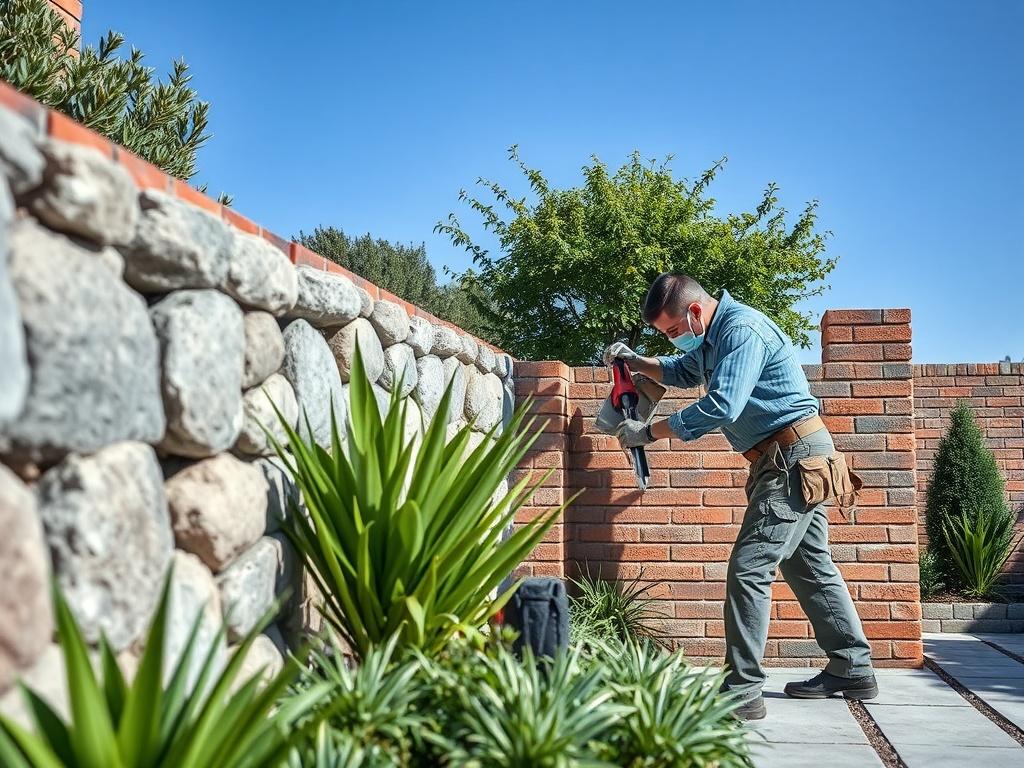 A realistic high-resolution photo of an exterior repair scene, featuring a skilled professional working on a brick wall with tools in hand. The background should include a well-maintained garden with soft gray stones and lush green plants, under a clear blue sky. The composition should be simple and clear, focusing solely on the professional at work, highlighting the attention to detail and quality of the repair process.
