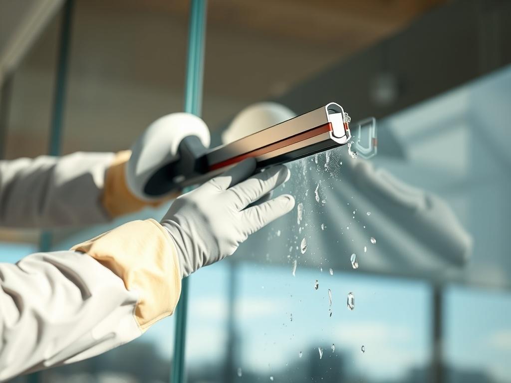A close-up shot of a professional cleaner using a squeegee to clean a large window. The background should show a bright and sunny day outside, highlighting the clarity of the glass. The focus should be on the cleaner's hands and the squeegee in action, with sparkling clean glass on one side and reflections of the outdoor scenery on the other. The image should convey a sense of cleanliness and professionalism.
