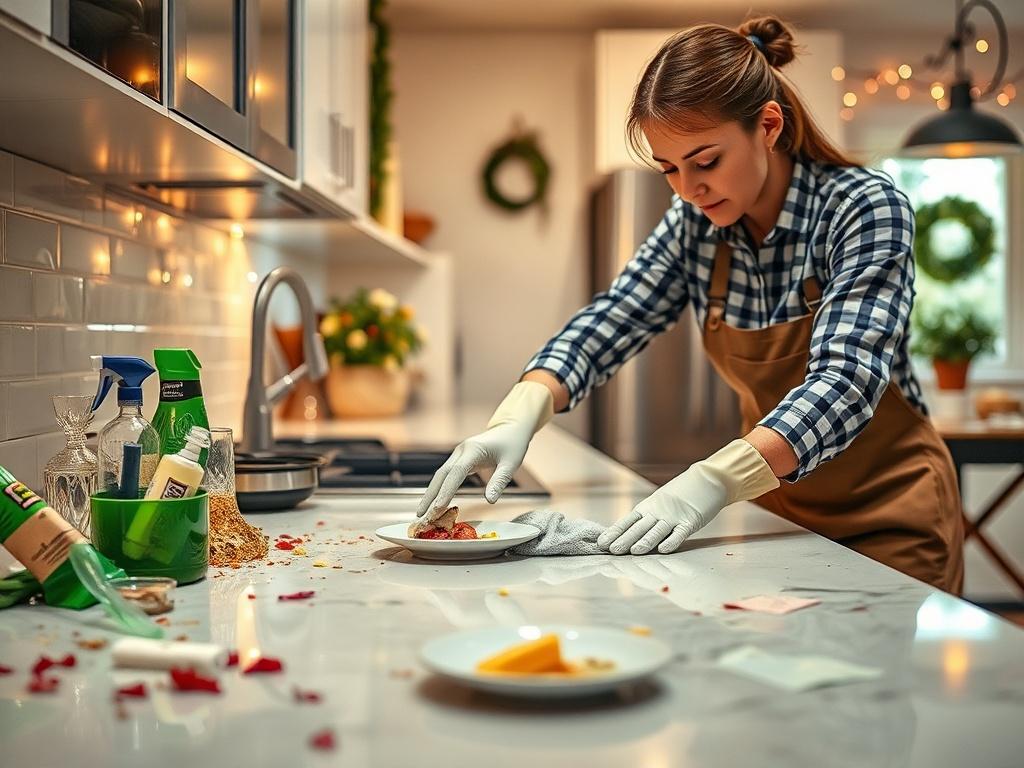 A hyper-realistic, close-up shot of a professional cleaner meticulously cleaning a kitchen countertop after a party. The countertop is cluttered with remnants of food, plates, and glasses, while the cleaner is wearing gloves and using eco-friendly cleaning products. The background shows a bright, well-lit kitchen with hints of decorations from the party, creating a warm and inviting atmosphere.