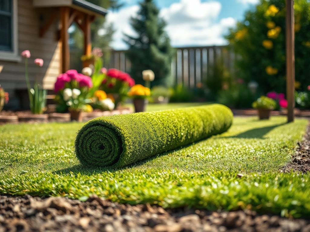 A realistic high-resolution photo of a freshly laid roll of sod in a lush backyard garden. The image should capture a single, vibrant green roll of sod being unrolled on prepared soil, with soft sunlight illuminating the scene. The background should feature a well-maintained garden with colorful flowers and a clear blue sky, creating a calm and inviting atmosphere.