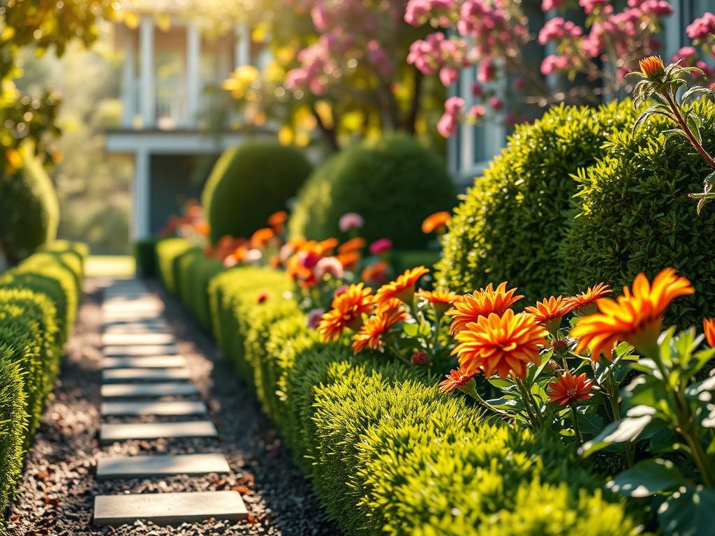 A hyper-realistic close-up shot of a beautifully maintained garden, showcasing vibrant flowers, neatly trimmed hedges, and a clean pathway. The image should capture the essence of garden care, with sunlight filtering through the leaves, creating a warm and inviting atmosphere. The focus should be on the details of the flowers and the texture of the soil, emphasizing the meticulous work of a gardening service. The background should be softly blurred to highlight the garden's beauty while maintaining a natura