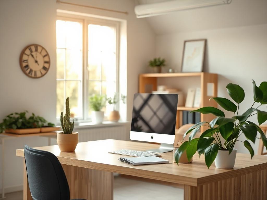 A realistic high-resolution photo of a clean and organized office space, featuring a desk with a computer, a potted plant on the side, and bright, natural light coming through a window. The background should show a tidy office environment, with neutral colors and a soothing atmosphere. The composition should focus on the desk area, conveying a sense of cleanliness and professionalism.