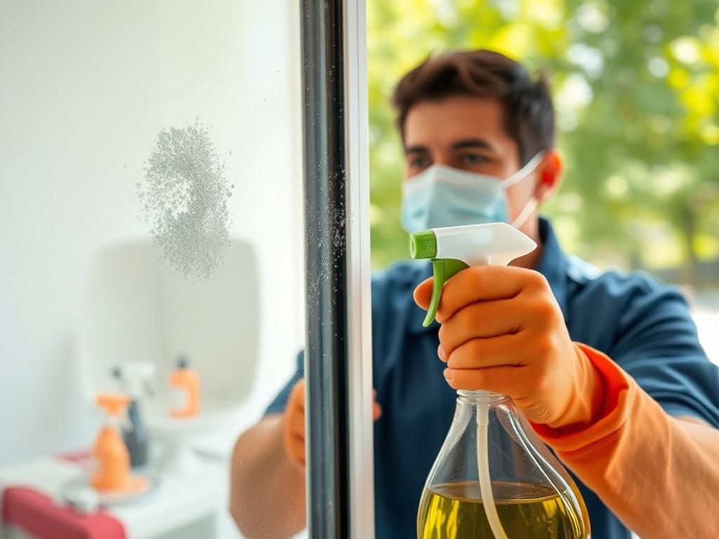 A professional cleaner in action, using eco-friendly cleaning products to scrub a window. The setting is bright and clean, highlighting the effectiveness of the cleaning service, with reflections of greenery visible in the glass.