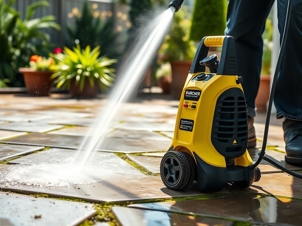 A close-up shot of a professional using a Karcher pressure washer to clean a stone terrace. The focus is on the high-pressure water jet effectively removing dirt and moss from the surface. The background should be a sunny garden setting with green plants, highlighting an inviting outdoor space. The image should convey a sense of cleanliness and freshness.