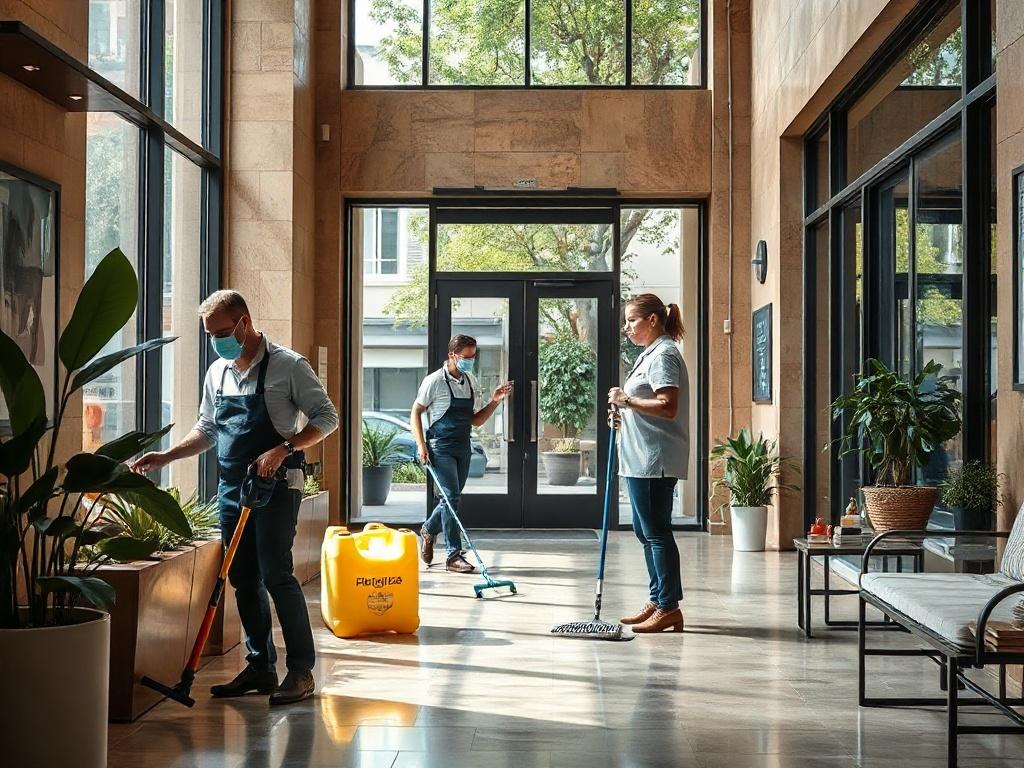 A realistic high-resolution photo of a professional cleaning team working diligently in a modern apartment building's lobby. The scene should include team members using eco-friendly cleaning products, showcasing a clean and organized entrance area with plants and natural lighting coming through large windows. The composition should convey a sense of professionalism and care in maintaining a welcoming environment.