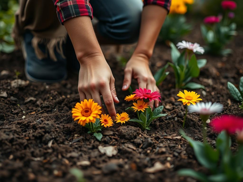 A vibrant close-up of a gardener planting colorful flowers in a garden bed, with a focus on the flowers and hands of the gardener, surrounded by rich soil and greenery, captured with a 45mm f/1.2 lens.