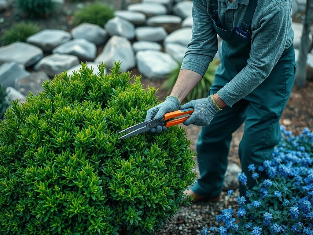 A realistic high-resolution photo of a professional gardener pruning shrubs in a well-maintained garden. The gardener, wearing gloves and using pruning shears, focuses on shaping a lush green shrub. The background features a tranquil garden scene with soft gray stones and rich blue flowers, creating a harmonious and serene atmosphere.