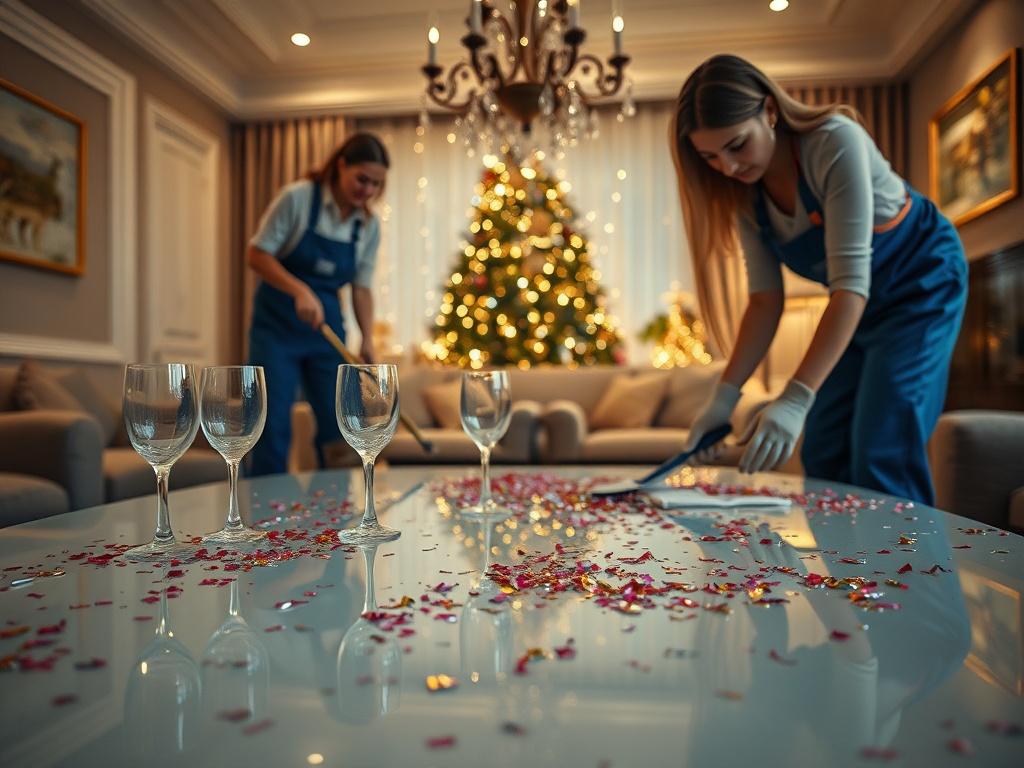 A hyper-realistic close-up shot of a team of professional cleaners tidying up a living room after a festive event. The scene includes a sparkling clean table with remnants of a party, such as confetti and empty glasses, being cleared away. The background is a well-lit, cozy living room with elegant decor, showcasing the transformation from chaos to order. The focus is on the cleaners in action, demonstrating their dedication and attention to detail.