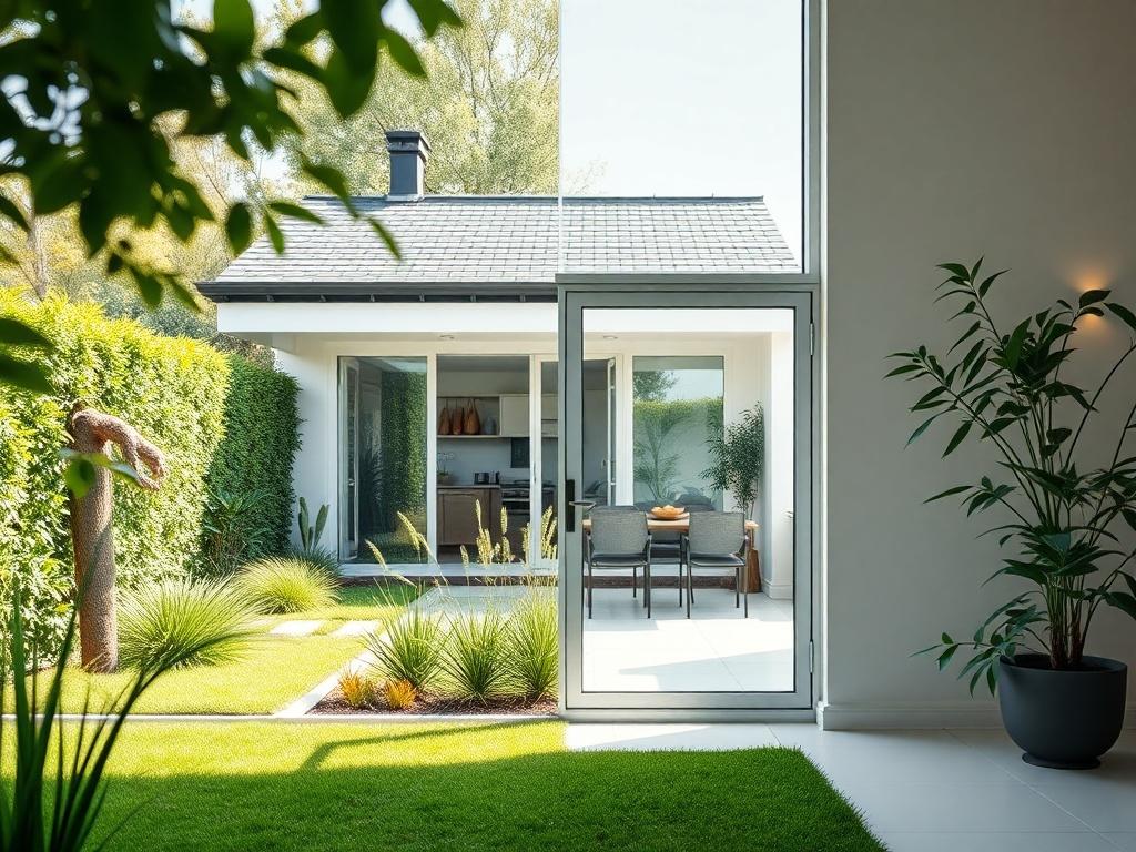 A modern house with a lush garden and spotless windows, showcasing both gardening and cleaning services. The image should be divided visually, with one half representing a vibrant green lawn and the other half depicting a clean, interior space. The composition should be simple and clear, focusing on the contrast between the outdoor garden and the pristine indoor environment, captured in a hyper-realistic style.