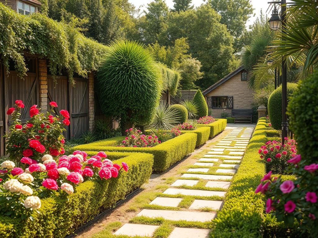 A beautifully cleaned garden with trimmed hedges and vibrant flowers,