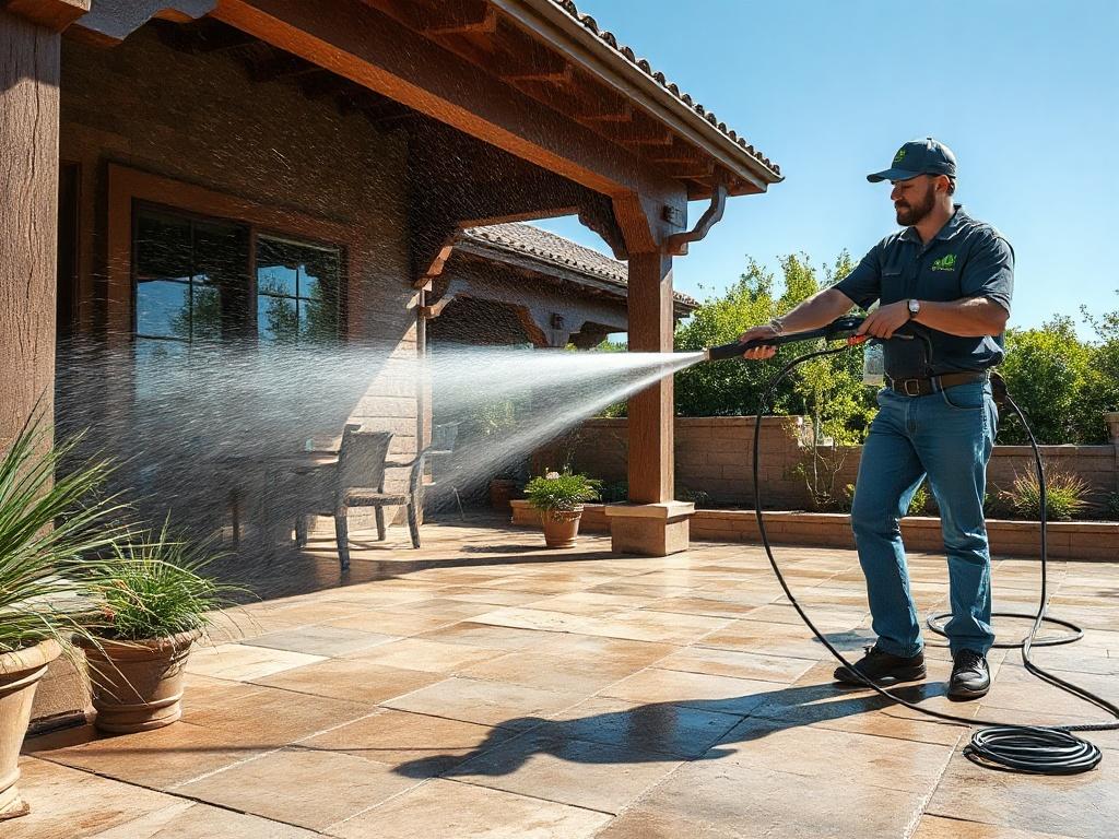 A realistic high-resolution photo of a professional using a high-pressure washer to clean a patio. The scene includes water spray and dirt being removed, with a clear blue sky in the background. The patio should have a rustic aesthetic, showcasing natural stone textures. The image should be vibrant and show the effectiveness of the pressure washing.