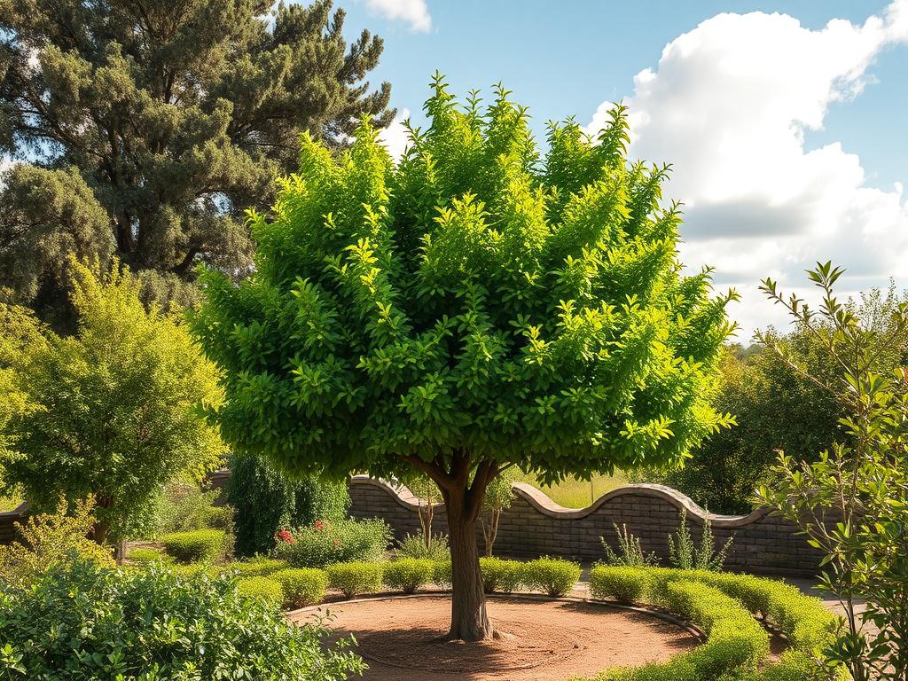 A healthy and well maintained tree in a lush garden,