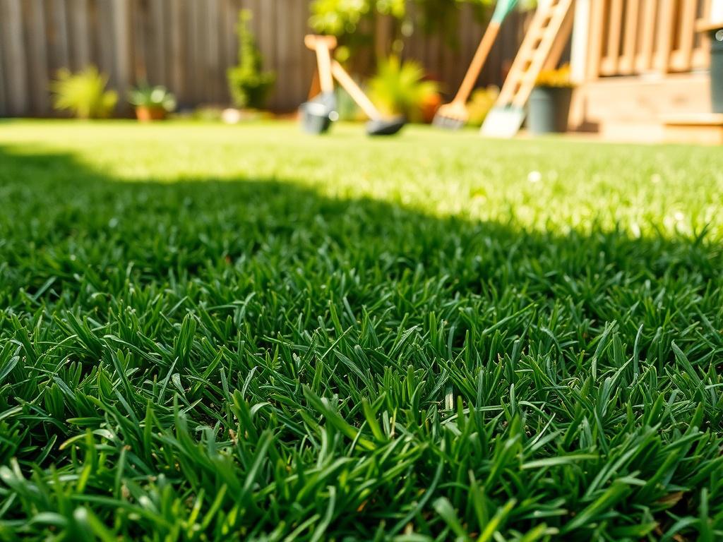 A freshly laid sod lawn in a sunny backyard, showcasing
