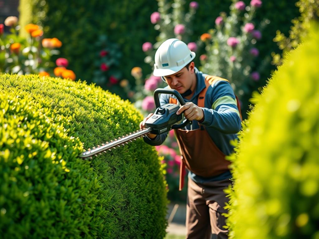 A close-up shot of a professional gardener using a motorized hedge trimmer to shape a lush green hedge. The gardener is focused and wearing safety gear, with a blurred garden background showcasing vibrant plants and flowers. The composition is simple and clear, emphasizing the action of trimming the hedge, with the sunlight creating a warm atmosphere.