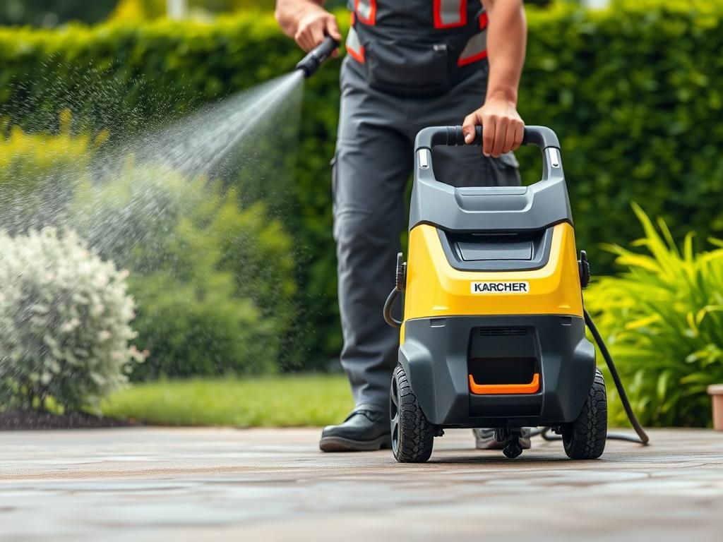 A close-up shot of a professional cleaning worker using a Karcher pressure washer to clean a driveway. The worker is focused and wearing safety gear, with a powerful stream of water visibly spraying dirt away from the surface. The background shows a clean, green garden, emphasizing the effectiveness of the cleaning process. The composition is simple and clear, focusing on the worker and the Karcher machine.