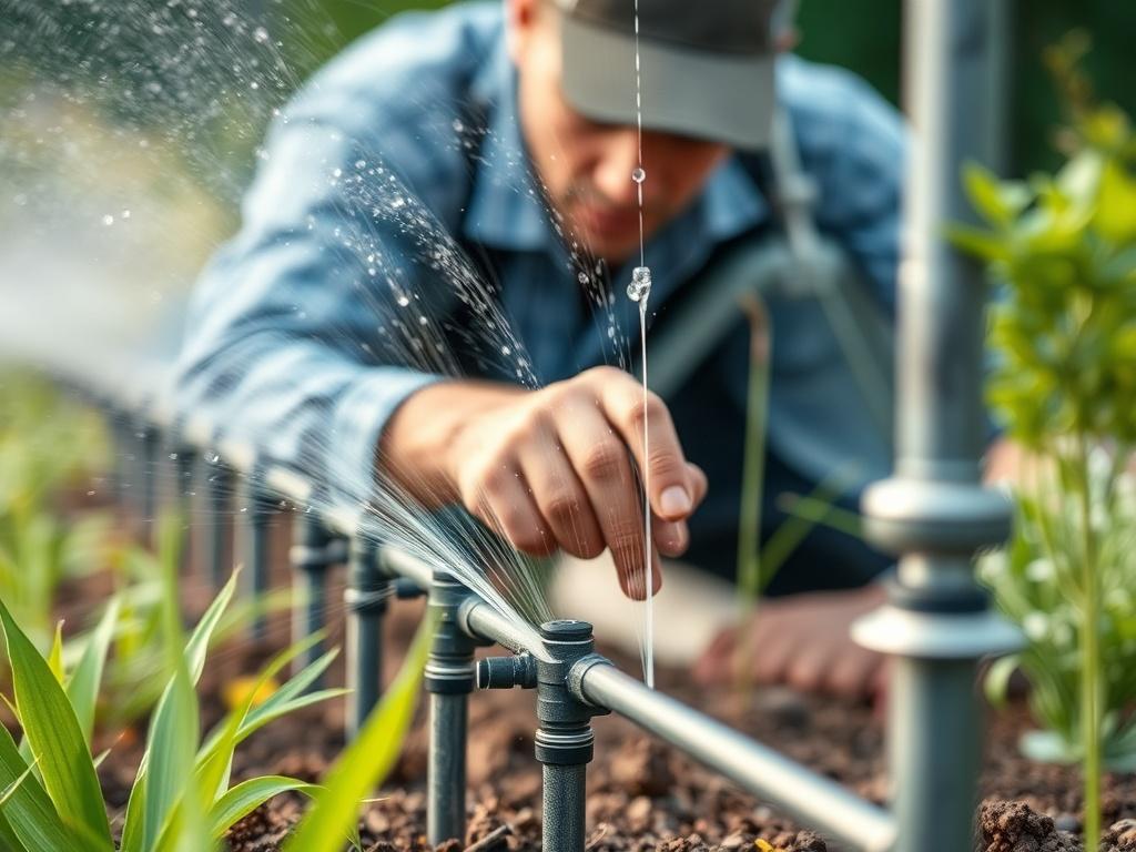 A close-up shot of a technician installing an irrigation system in a garden, with pipes and watering mechanisms visible. The scene reflects precision and care in garden maintenance, shot with a 45mm f/1.2 lens.