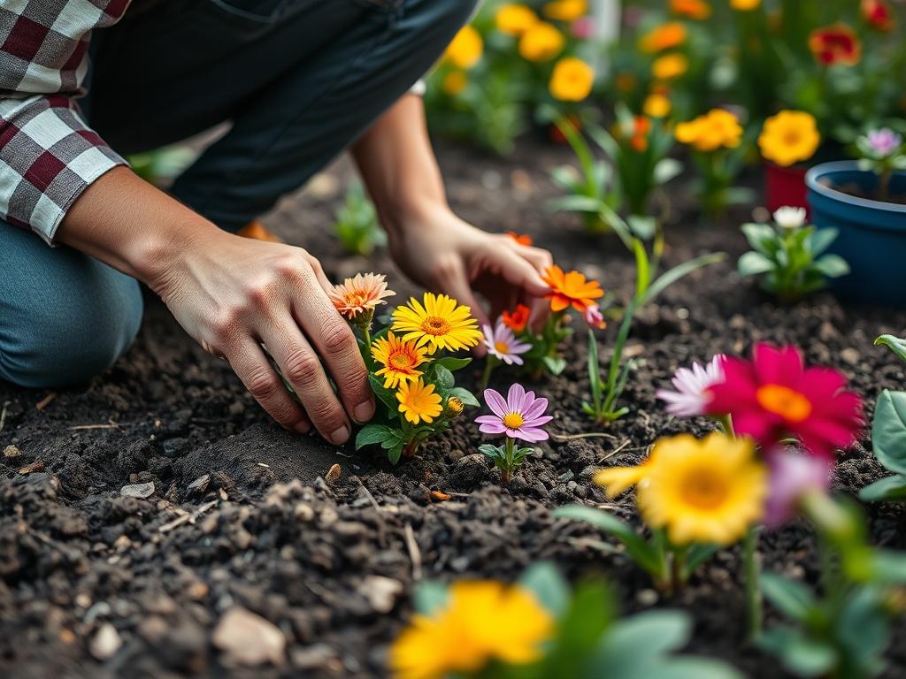 A close-up shot of a gardener planting colorful flowers in a well-prepared garden bed, with soil and gardening tools visible. The image captures the essence of nurturing and growth, set in a vibrant garden scene, shot with a 45mm f/1.2 lens.