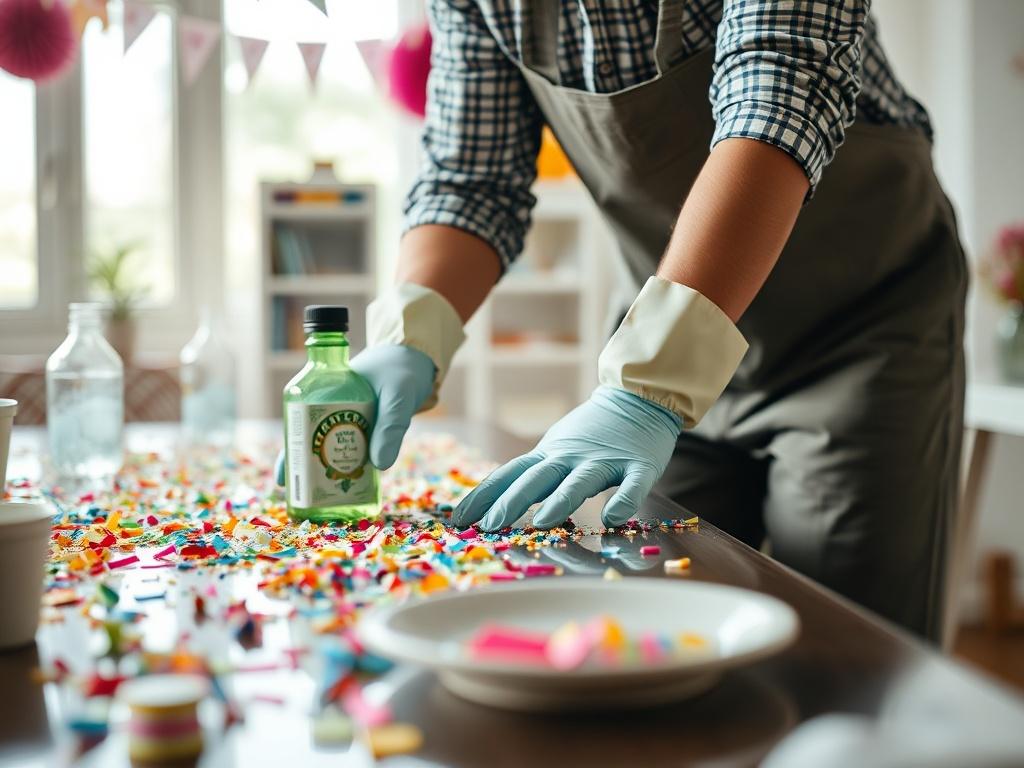 Close-up shot of a professional cleaner in action, wearing gloves and using eco-friendly cleaning products to clean a table covered with remnants of a party (confetti, cups, and plates). The background should be a bright, well-lit room with decorations still up, showcasing a clean and organized environment. The focus should be on the cleaner, highlighting their attention to detail and commitment to eco-friendly practices.